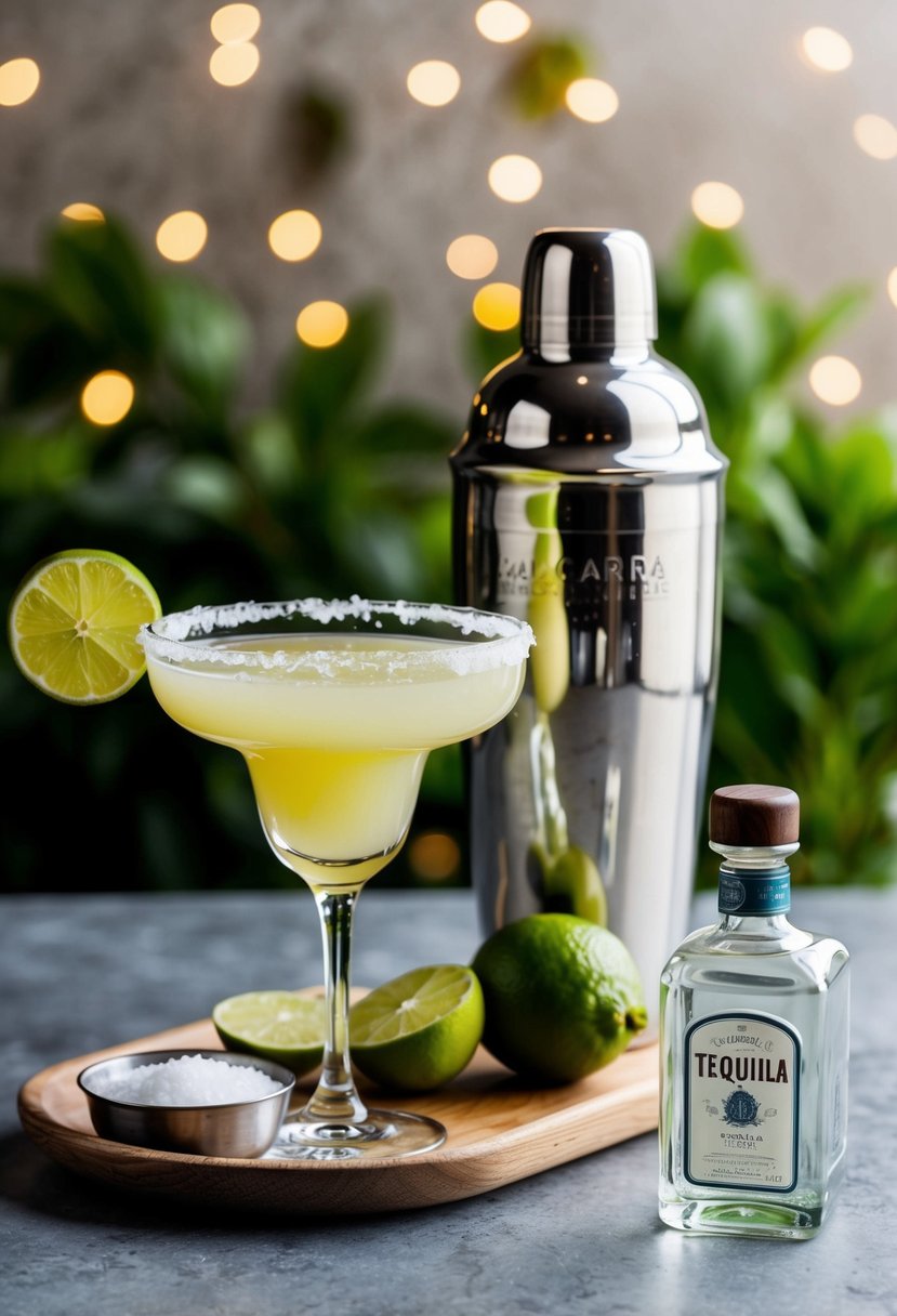 A classic margarita being prepared with a cocktail shaker, fresh limes, a bottle of tequila, and a container of salt for rimming the glass