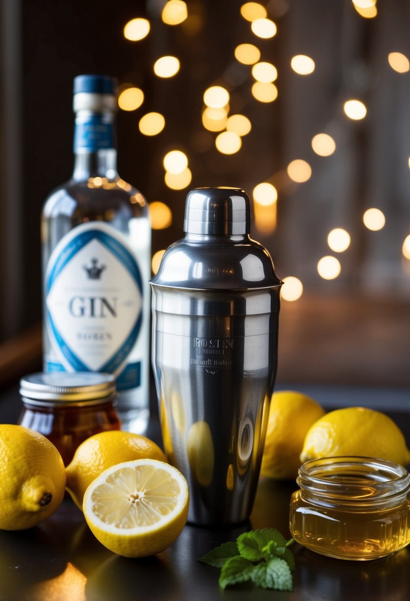 A vintage cocktail shaker surrounded by fresh lemons and a jar of honey, with a bottle of gin in the background
