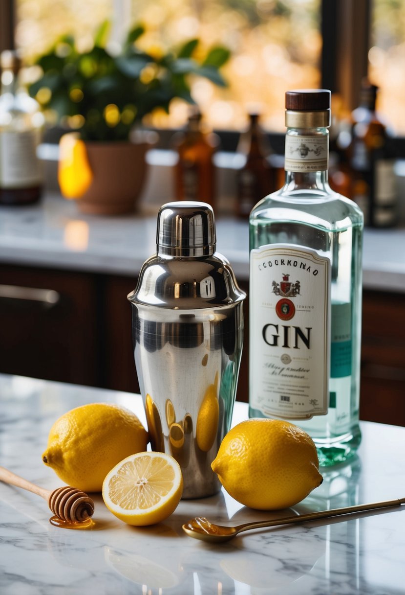 A vintage cocktail shaker surrounded by a lemon, honey, and a bottle of gin on a marble countertop