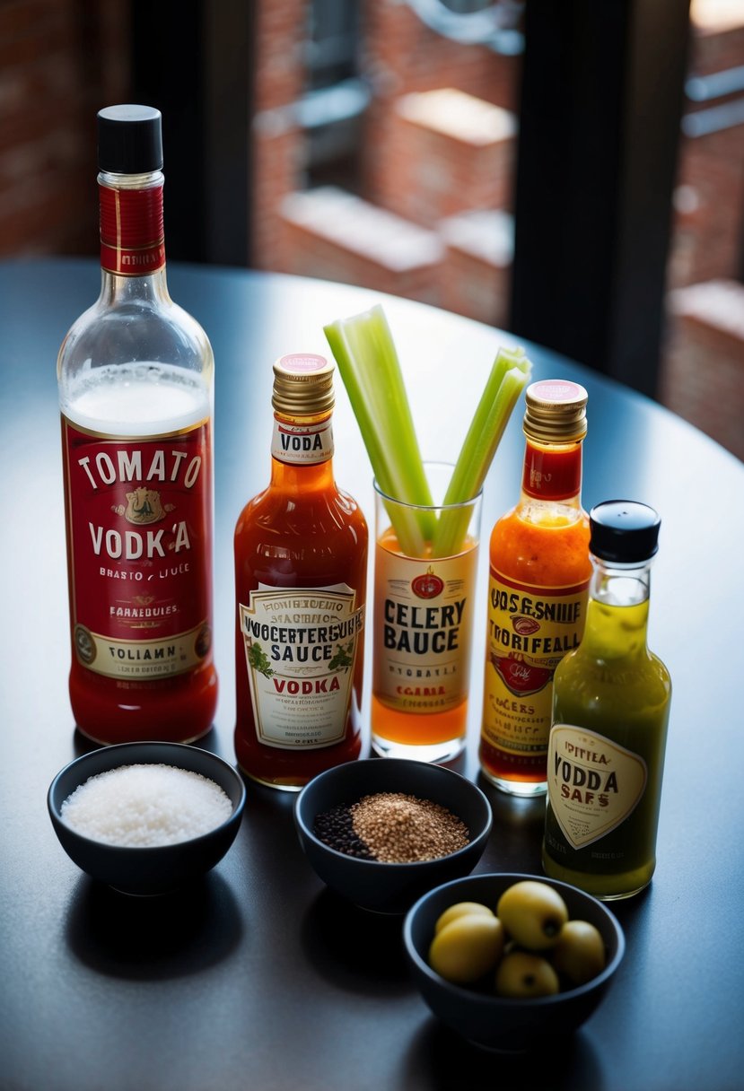 A table with ingredients: tomato juice, vodka, Worcestershire sauce, hot sauce, celery salt, pepper, lemon juice, and garnishes like celery and olives