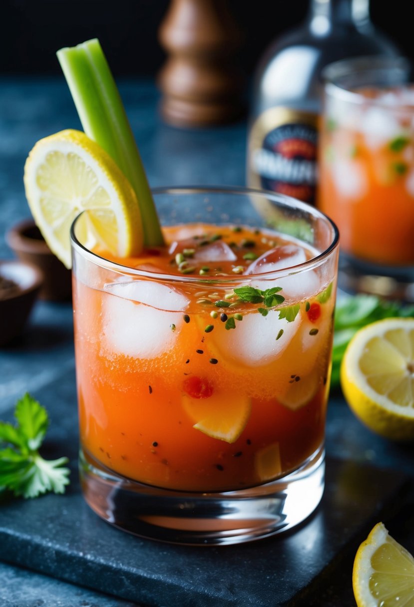 A glass filled with ice, vodka, tomato juice, and various spices. A celery stick and lemon wedge garnish on the rim