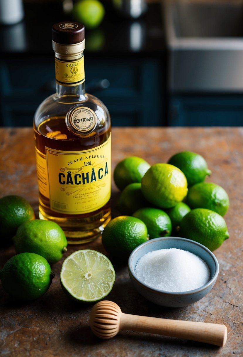 Fresh limes, a bottle of cachaça, a bowl of sugar, and a wooden muddler on a rustic kitchen countertop