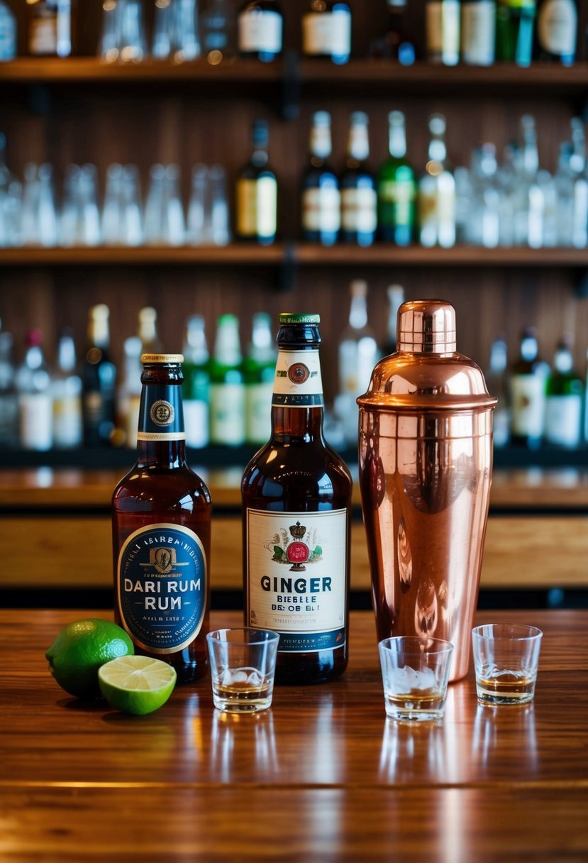 A wooden bar counter with a copper cocktail shaker, a bottle of dark rum, ginger beer, lime, and ice cubes arranged neatly