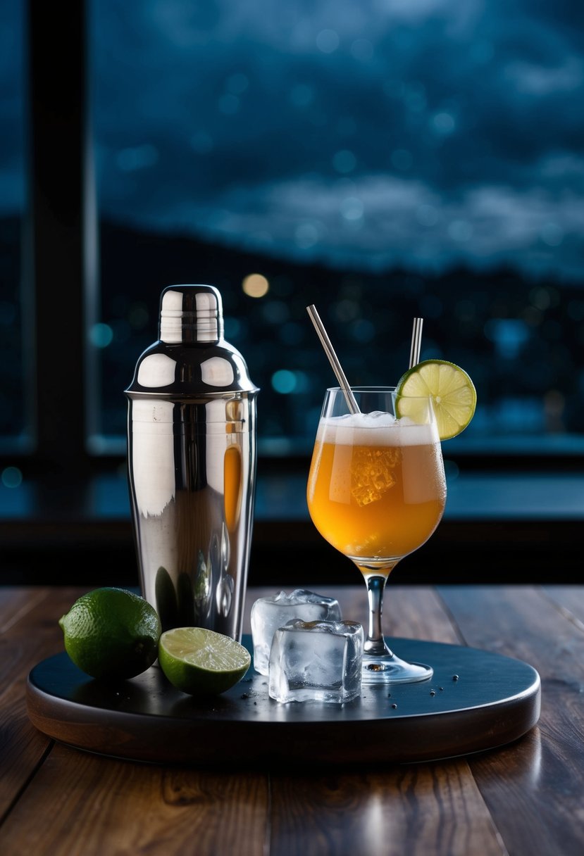 A dark and stormy night with a cocktail shaker, ginger beer, dark rum, lime, and ice on a wooden bar counter