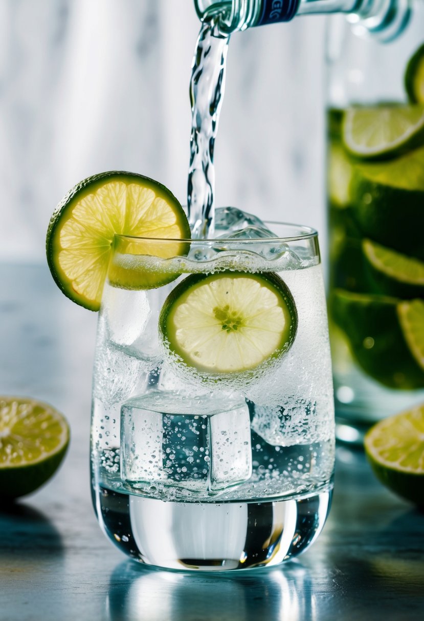 A crystal-clear glass filled with ice, poured over with gin, and topped off with bubbly tonic water, garnished with a slice of fresh lime