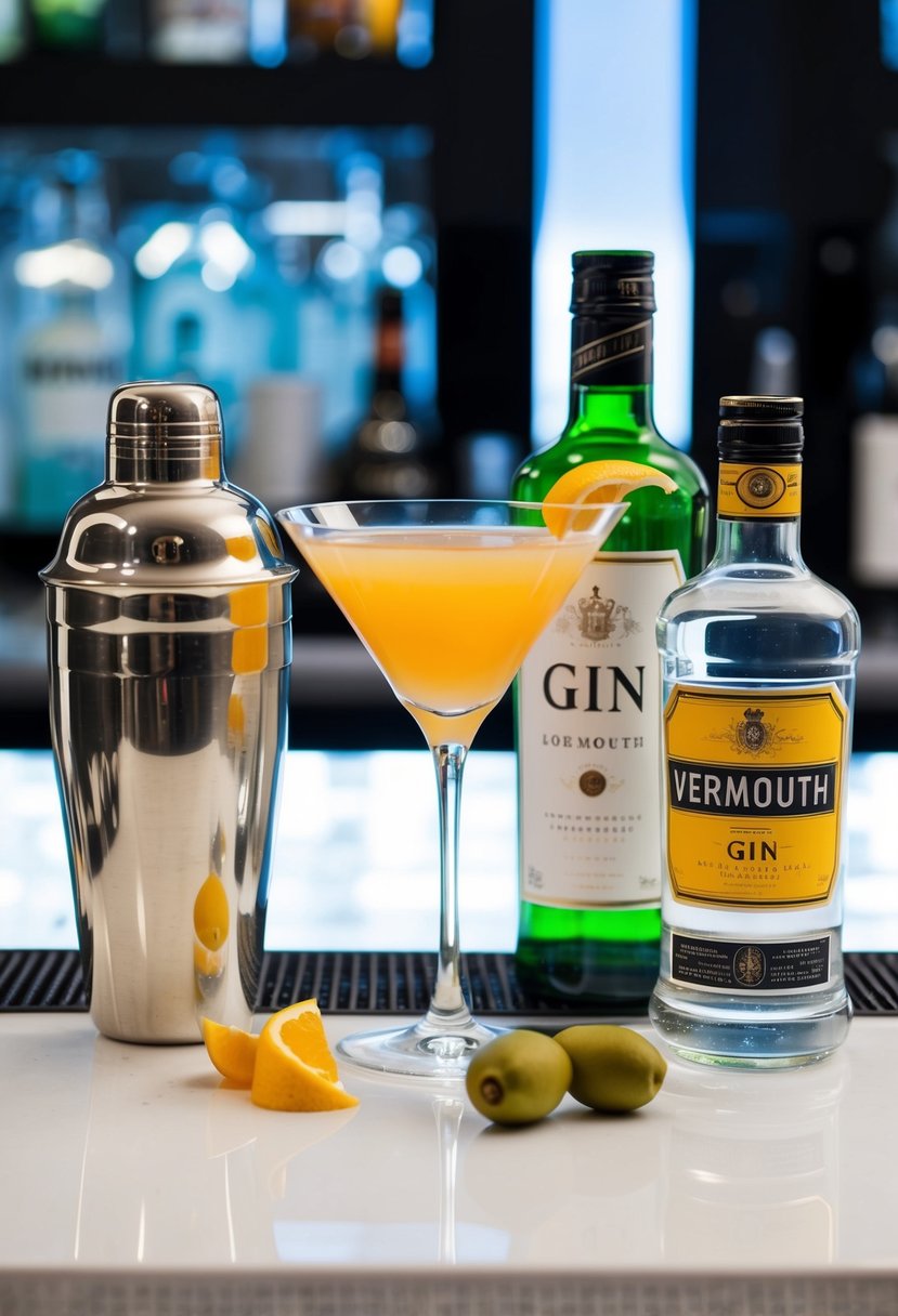 A clean, well-lit bar setting with a cocktail shaker, martini glass, bottle of gin, vermouth, and a garnish of olives or lemon peel