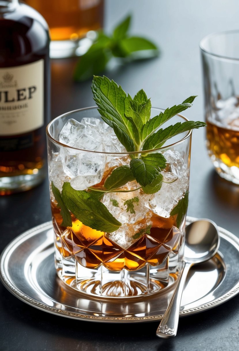 A silver julep cup filled with crushed ice, fresh mint leaves, sugar, and bourbon, garnished with a sprig of mint. A silver spoon rests on the side