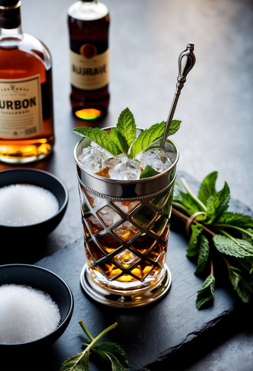 A silver julep cup filled with crushed ice, fresh mint leaves, sugar, and bourbon, surrounded by a bottle of bourbon, a bowl of sugar, and a bundle of fresh mint
