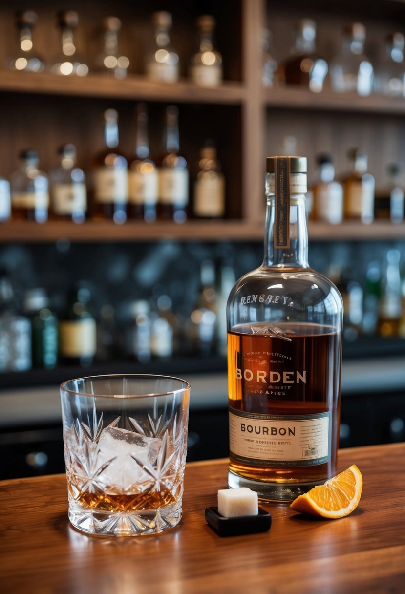 A wooden bar counter with a crystal glass filled with ice, a bottle of bourbon, a sugar cube, bitters, and an orange peel