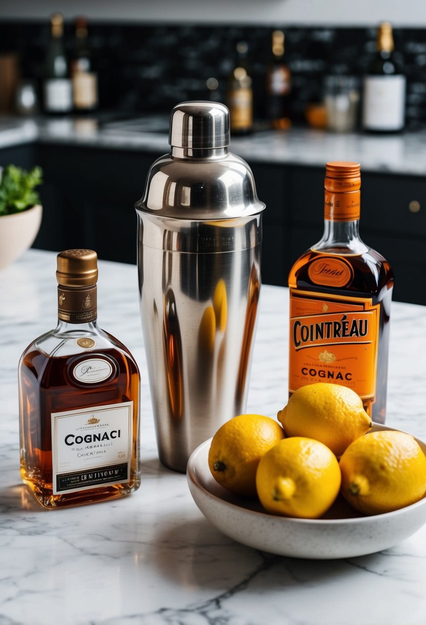 A vintage cocktail shaker, a bottle of Cognac, a bottle of Cointreau, and a bowl of fresh lemons on a marble countertop
