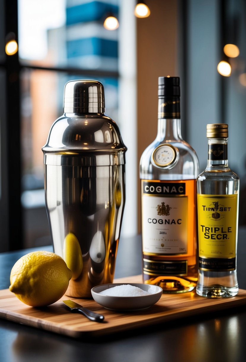 A cocktail shaker with a lemon, a bottle of cognac, and a bottle of triple sec, along with a small dish of sugar and a cutting board with a knife