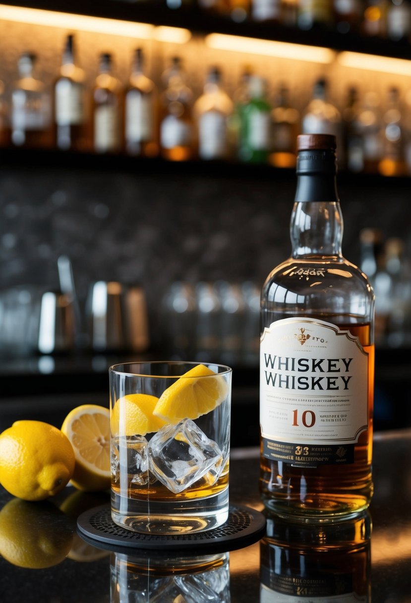 A glass filled with ice, a bottle of whiskey, fresh lemons, simple syrup, and a cocktail shaker on a bar counter