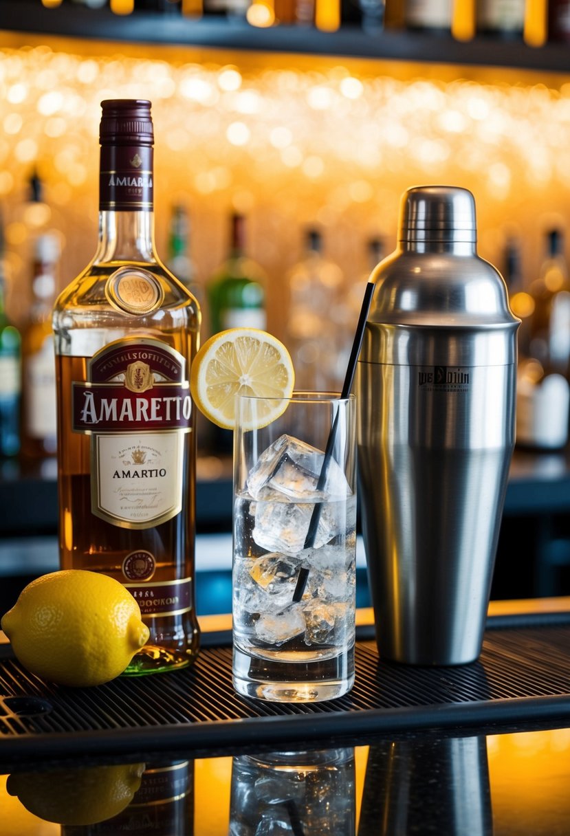 A glass filled with ice, a bottle of amaretto, a lemon, and a shaker on a bar counter