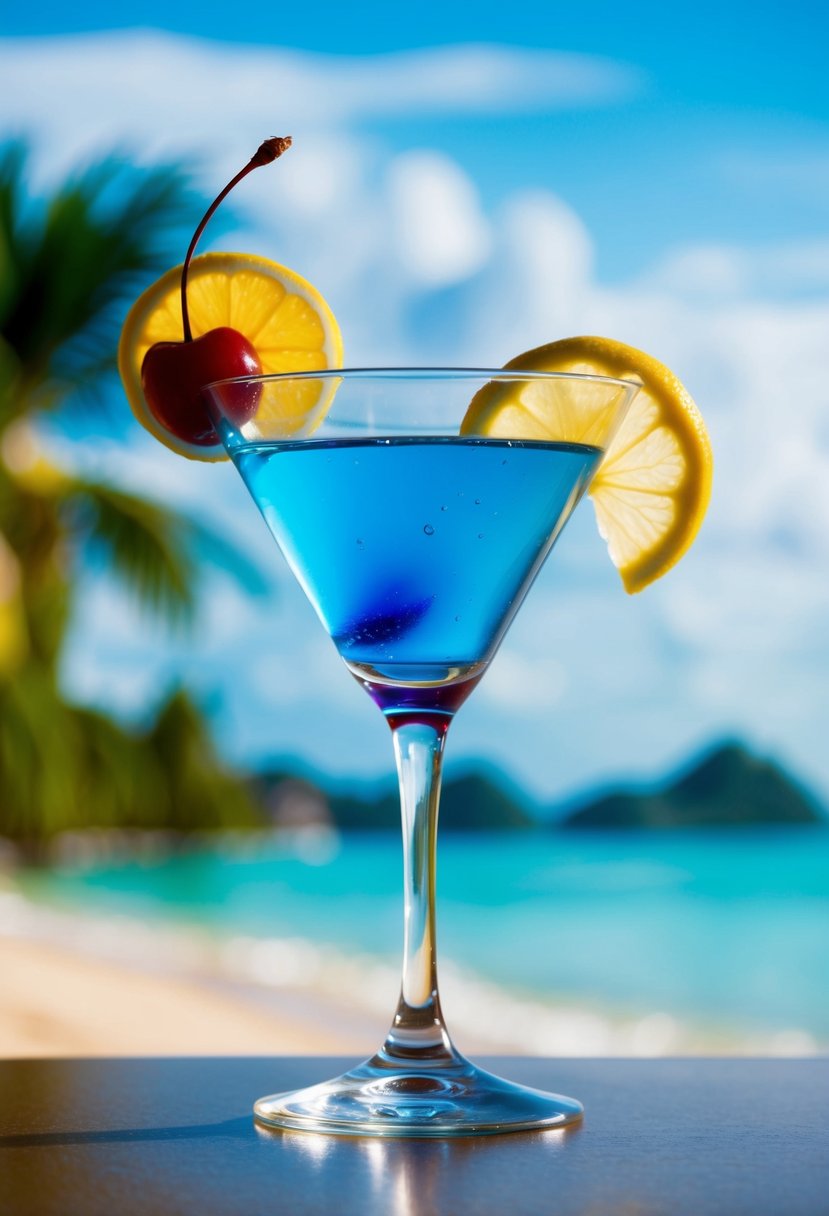 A clear glass filled with a vibrant blue liquid, garnished with a slice of lemon and a cherry, set against a backdrop of a tropical beach