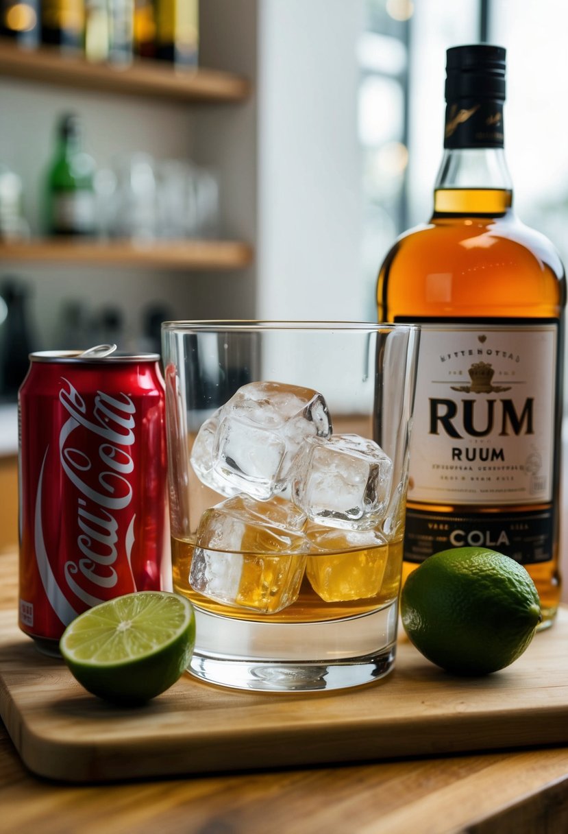 A glass filled with ice, a bottle of rum, a can of cola, and a lime on a cutting board