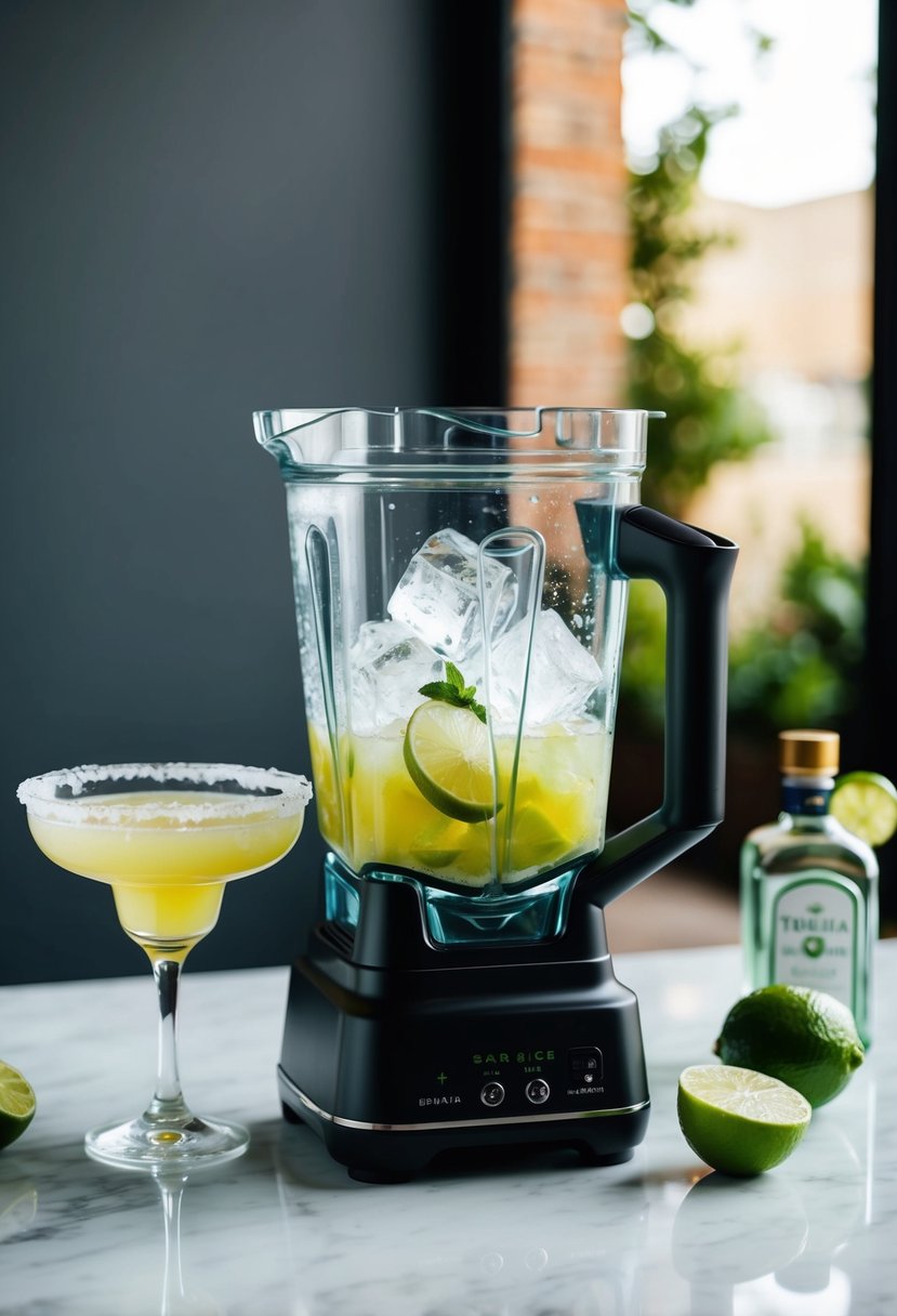 A blender filled with ice, tequila, triple sec, and lime juice. A salt-rimmed glass sits nearby, ready to be filled with the blended margarita