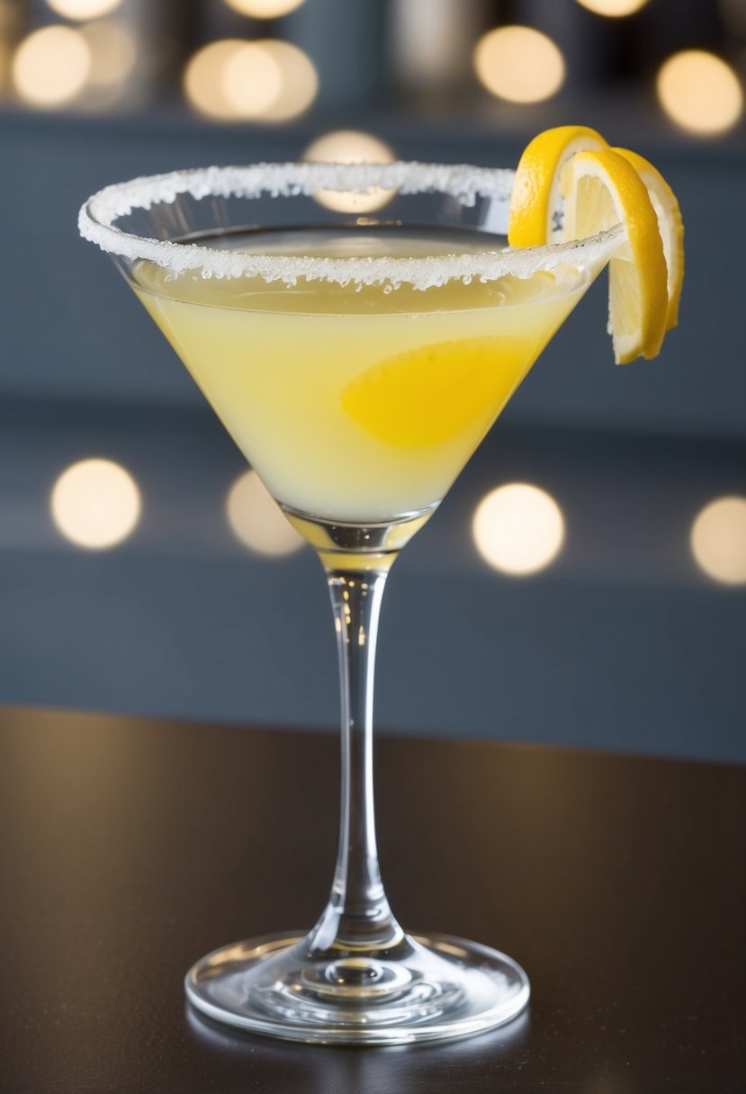 A clear martini glass with a sugared rim, filled with a pale yellow Lemon Drop Martini, garnished with a twist of lemon on the rim