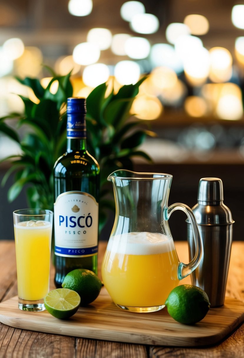 A pitcher of Pisco Sour ingredients arranged on a wooden table with a bottle of Pisco, fresh limes, simple syrup, and a shaker