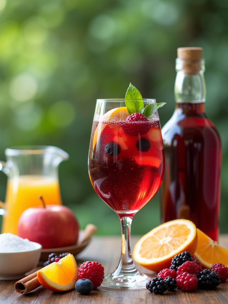 sangria ingredients arranged neatly on a wooden table for sangria preparation