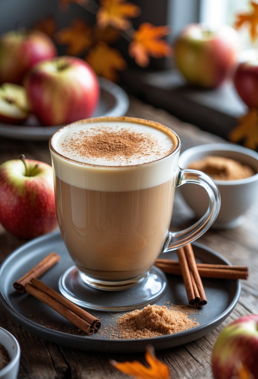 A glass mug of apple cinnamon latte on a wooden table surrounded by apple slices and cinnamon sticks.