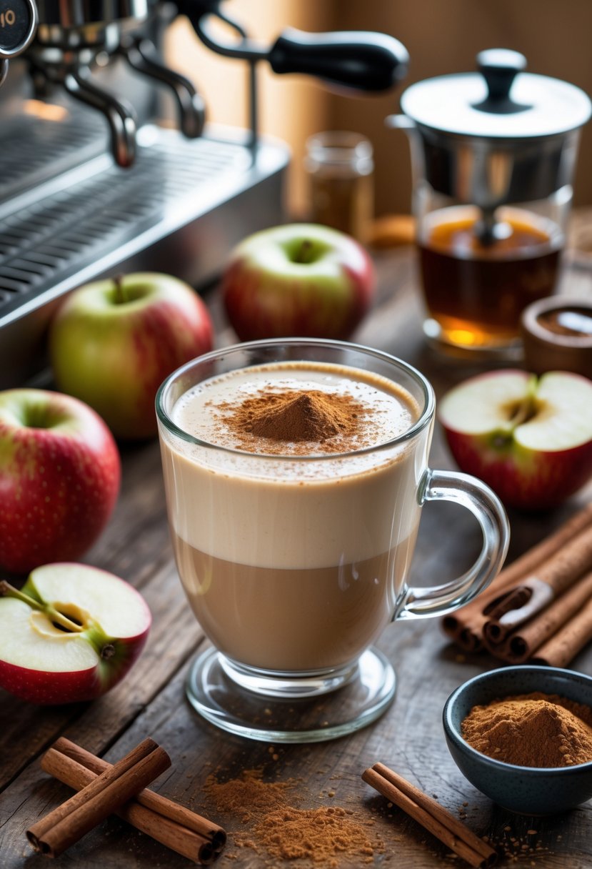 A glass mug of apple cinnamon latte surrounded by apple slices, cinnamon sticks, and honey on a wooden table.