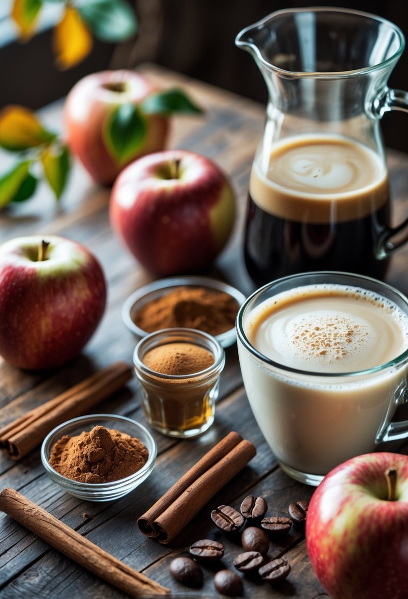 A wooden table with fresh apples, cinnamon sticks, ground cinnamon, honey, steamed milk, espresso, and coffee beans arranged for making an apple cinnamon latte.