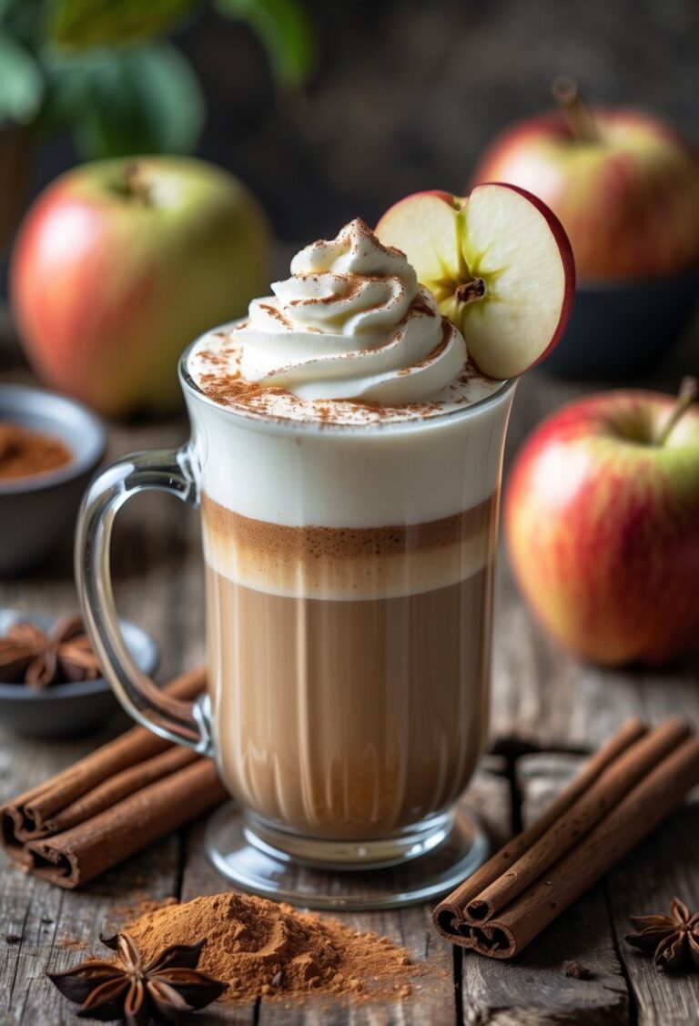 A glass mug of apple cinnamon latte topped with whipped cream, cinnamon, and apple slices on a wooden table with apples and cinnamon sticks nearby.