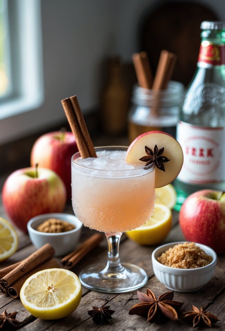 A collection of fresh apples, cinnamon sticks, lemon slices, brown sugar, and a glass of fizzy apple pie cocktail arranged on a wooden table.