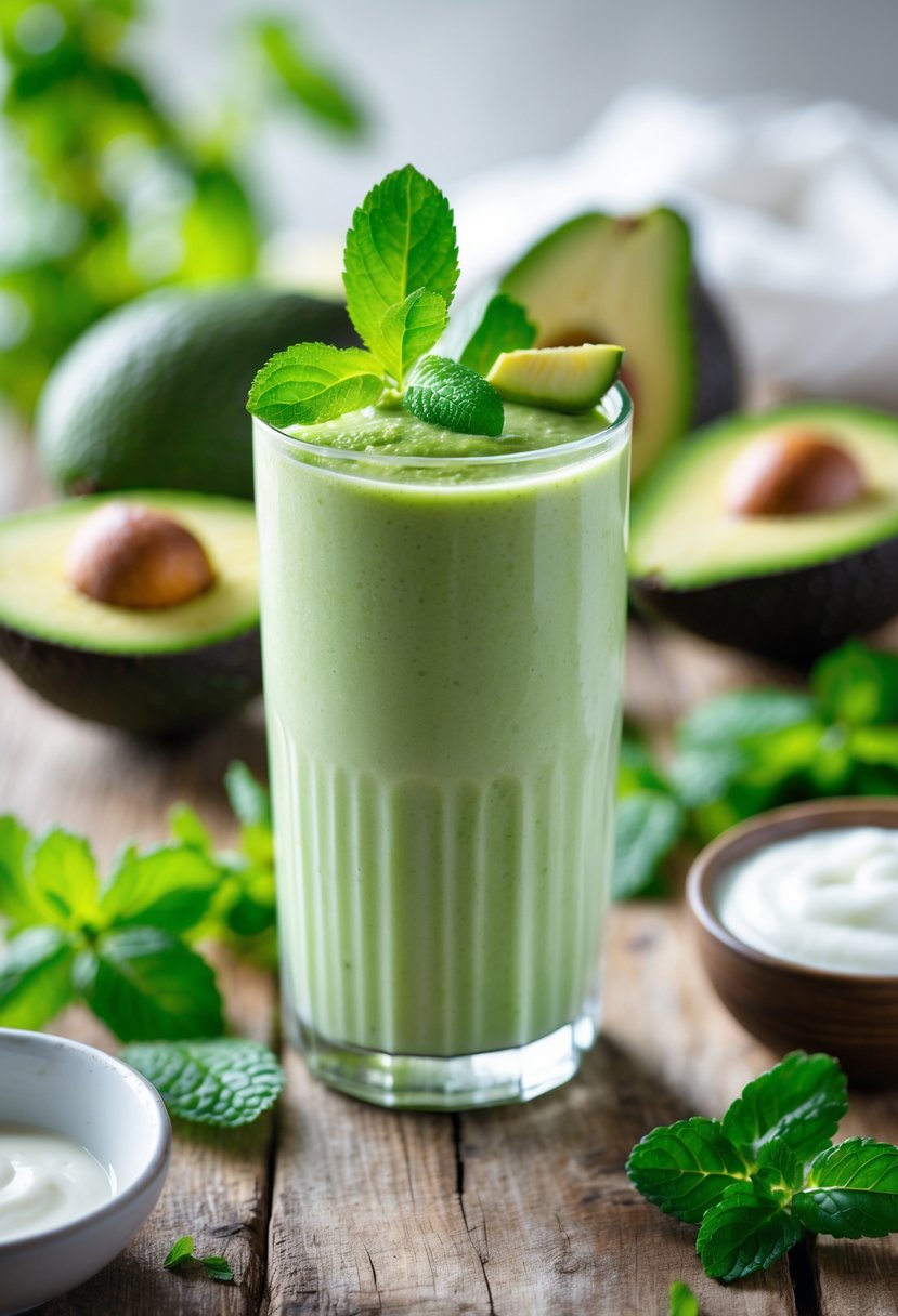 A glass of green avocado mint smoothie garnished with mint leaves and avocado slice on a wooden table surrounded by fresh avocados and mint.