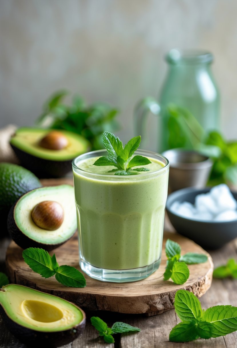 A glass of avocado mint smoothie garnished with mint, surrounded by fresh avocados and mint leaves on a wooden table.