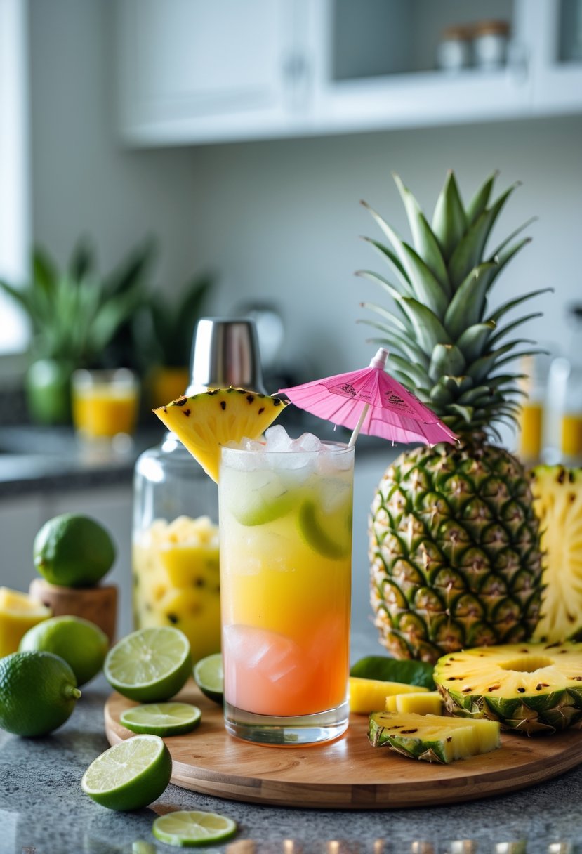 A kitchen countertop with ingredients and tools for making a Bali Hai cocktail, including fresh tropical fruits and a colorful drink garnished with a small umbrella.
