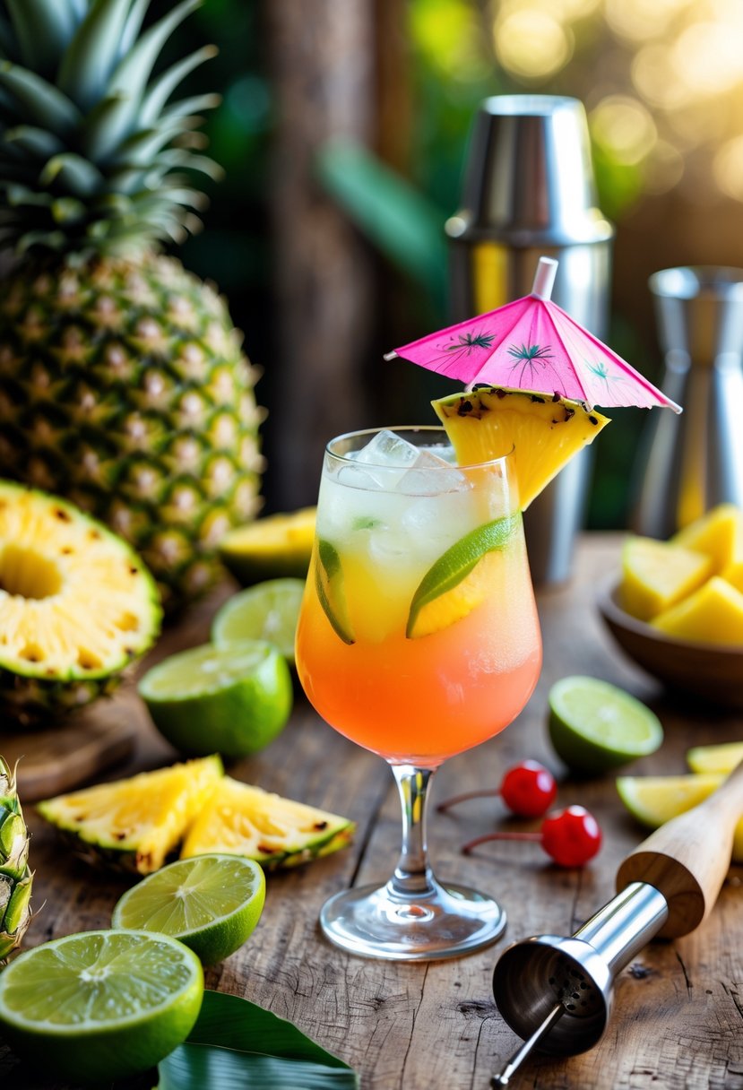 A tropical cocktail surrounded by fresh pineapple, lime wedges, cherries, and cocktail-making tools on a wooden table.