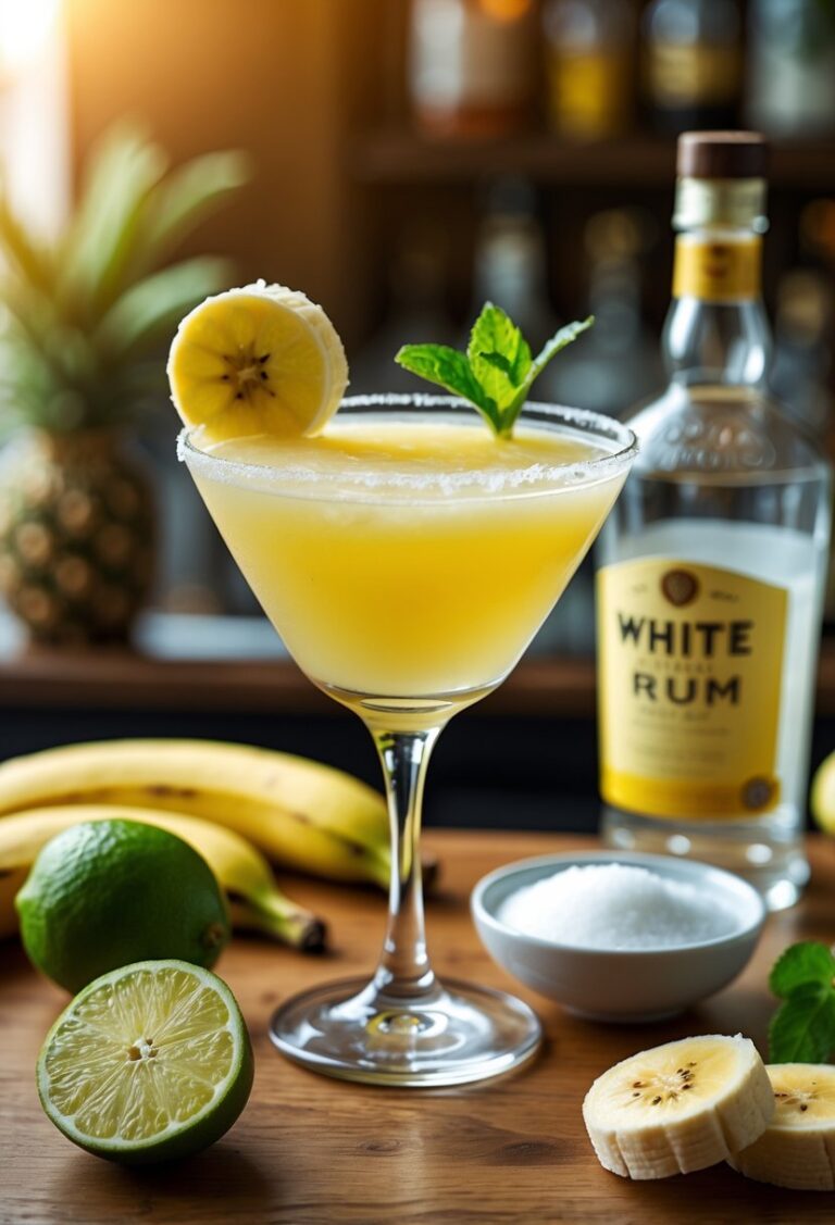 A banana daiquiri cocktail on a wooden counter surrounded by fresh bananas, lime halves, sugar, and a bottle of rum.