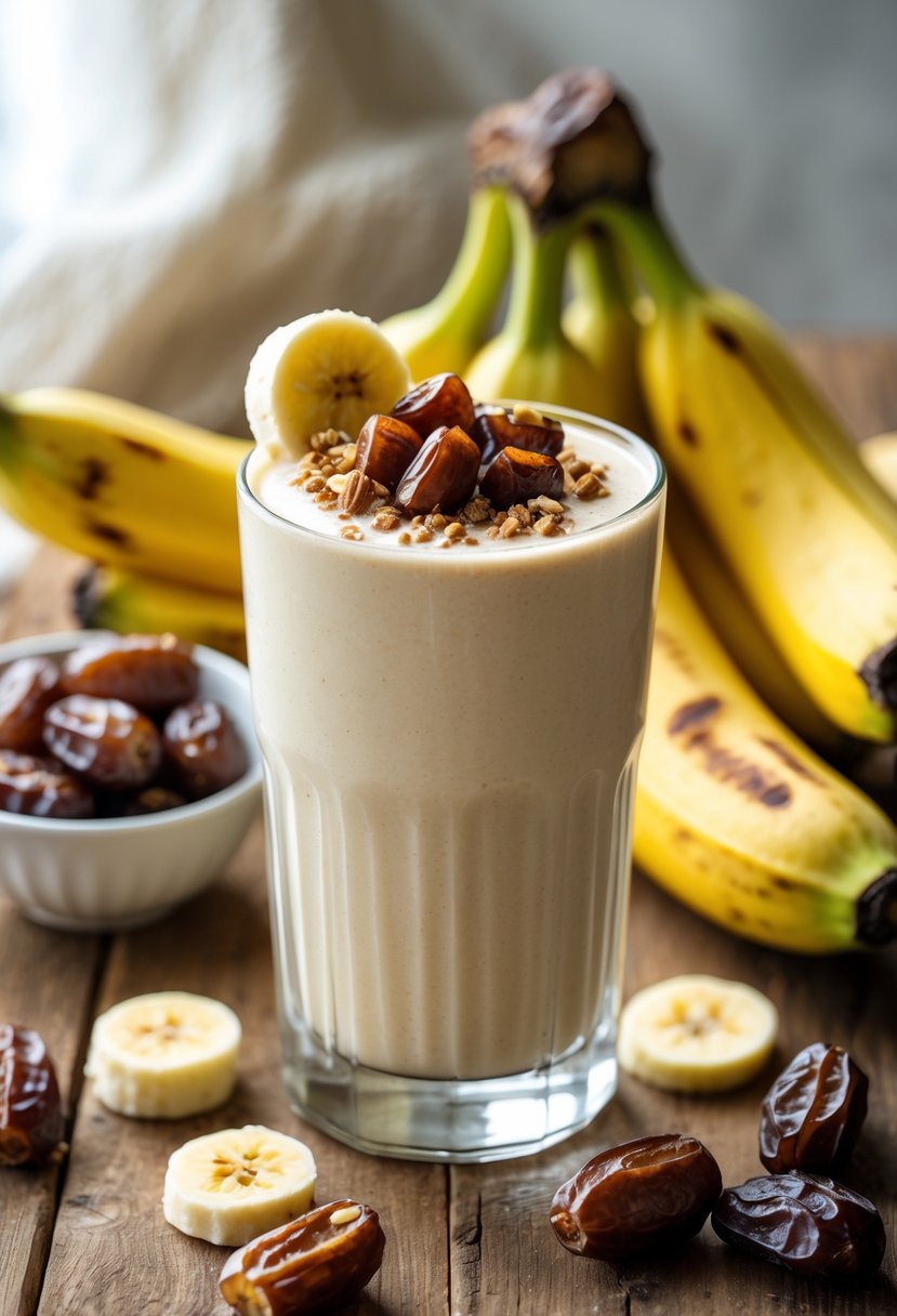 A glass of banana date shake on a wooden table surrounded by fresh bananas and a bowl of dates.