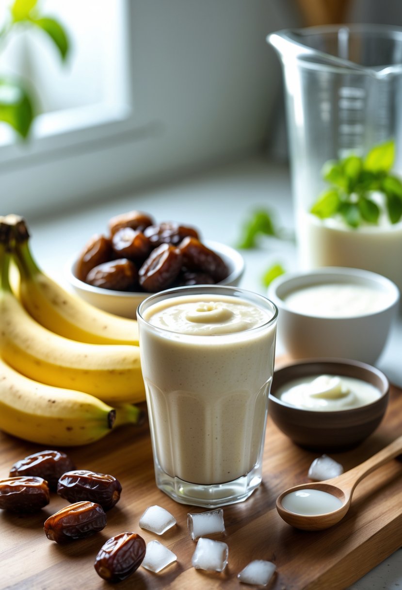 A kitchen countertop with ripe bananas, dates, a glass of banana date shake, a bowl of milk, and a wooden spoon arranged neatly.