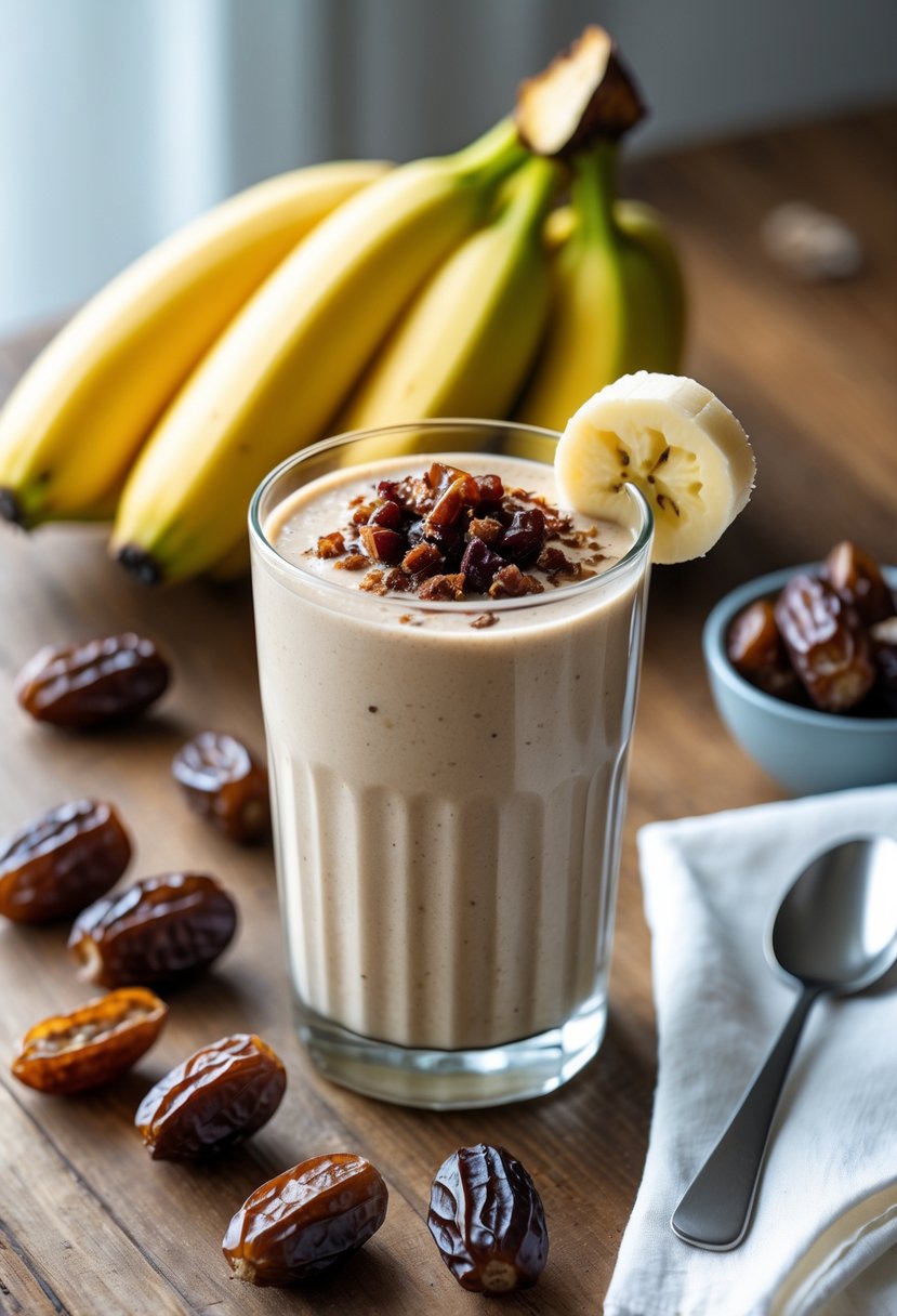 A glass of banana date shake on a wooden table surrounded by bananas and dates.