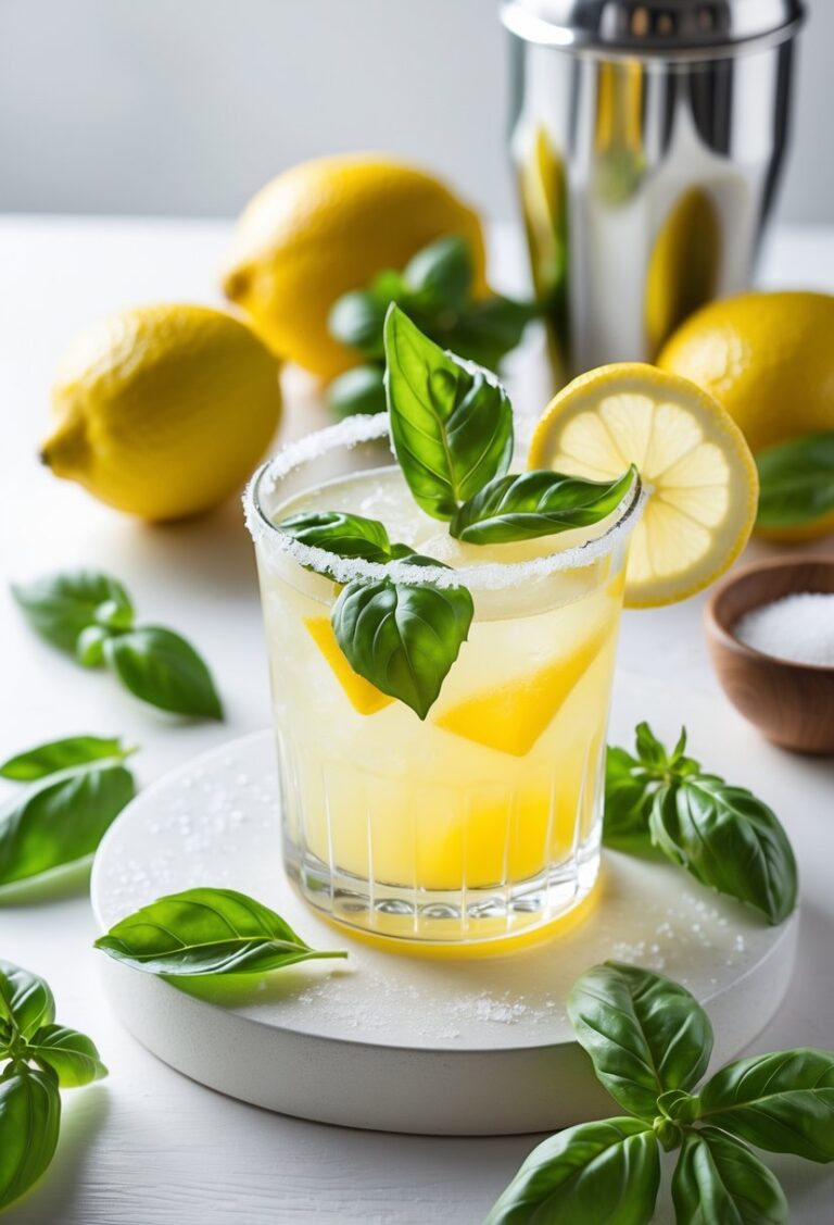 A glass of yellow lemon drop cocktail garnished with fresh basil leaves and a lemon twist, surrounded by fresh lemons and basil on a wooden surface.