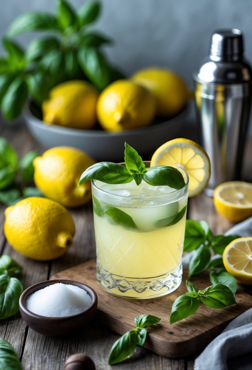 Fresh basil leaves, lemons, and a glass of Basil Lemon Drop cocktail garnished with basil and lemon on a wooden table with cocktail preparation tools.
