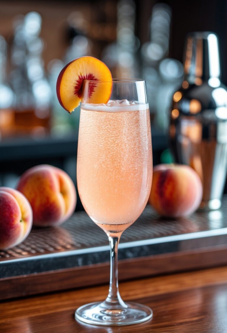 A peach-colored Bellini cocktail in a champagne flute garnished with a peach slice, placed on a wooden bar counter with a blurred bar background.