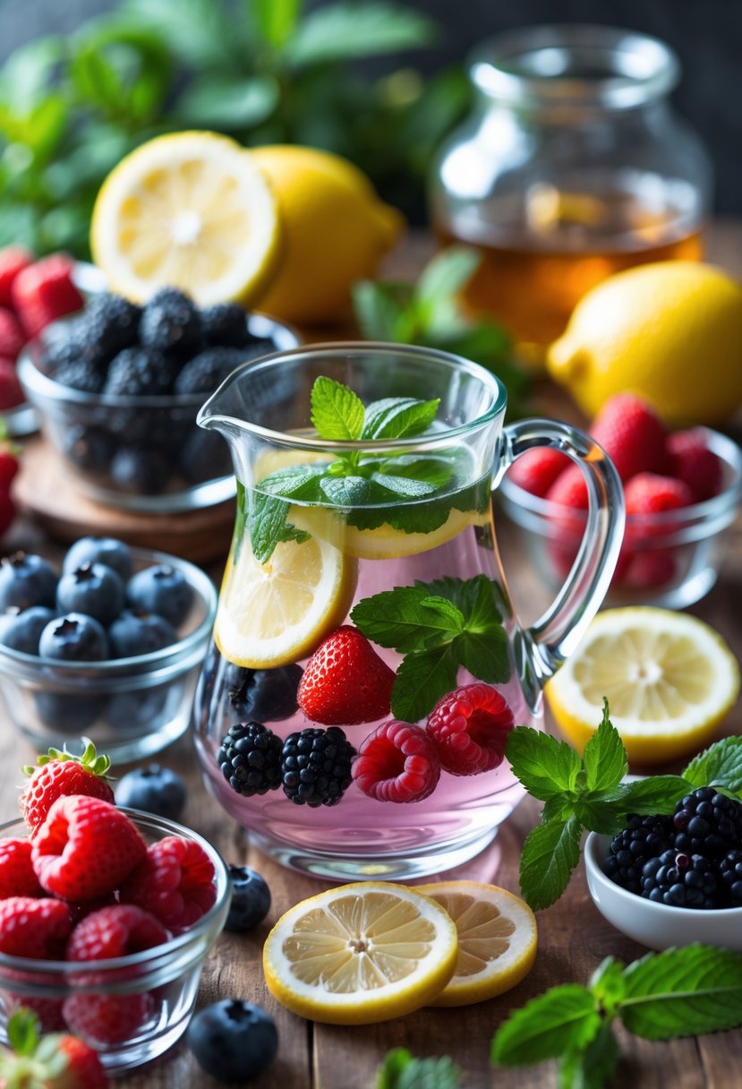 A table with bowls of fresh strawberries, blueberries, raspberries, and blackberries next to a glass pitcher of lemon and berry infused water with mint leaves.