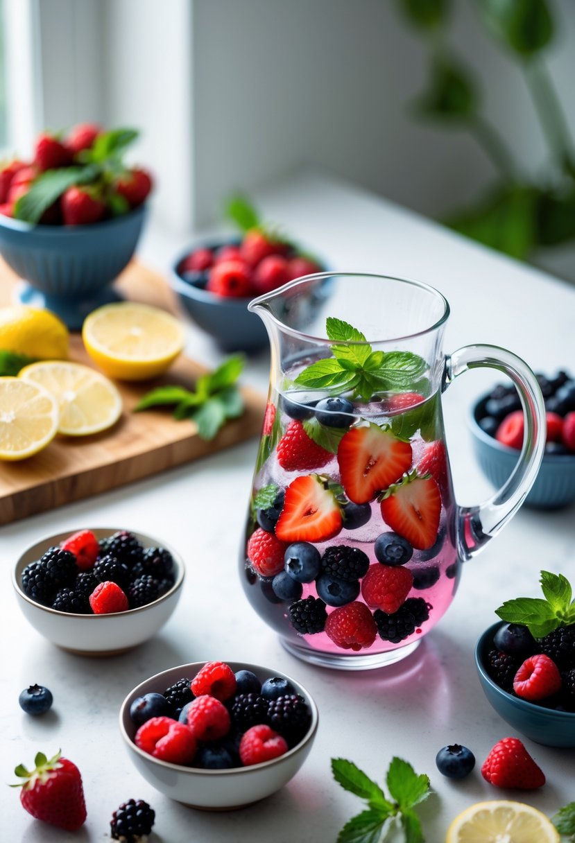 A glass pitcher filled with water infused with fresh berries and mint, surrounded by bowls of berries, sliced citrus fruits, and a glass of berry infusion drink on a kitchen countertop.