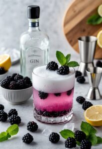 A bar countertop with ingredients and tools for making a blackberry gin fizz cocktail, including fresh blackberries, gin bottle, cocktail shaker, and a glass with the finished drink garnished with blackberries and mint.