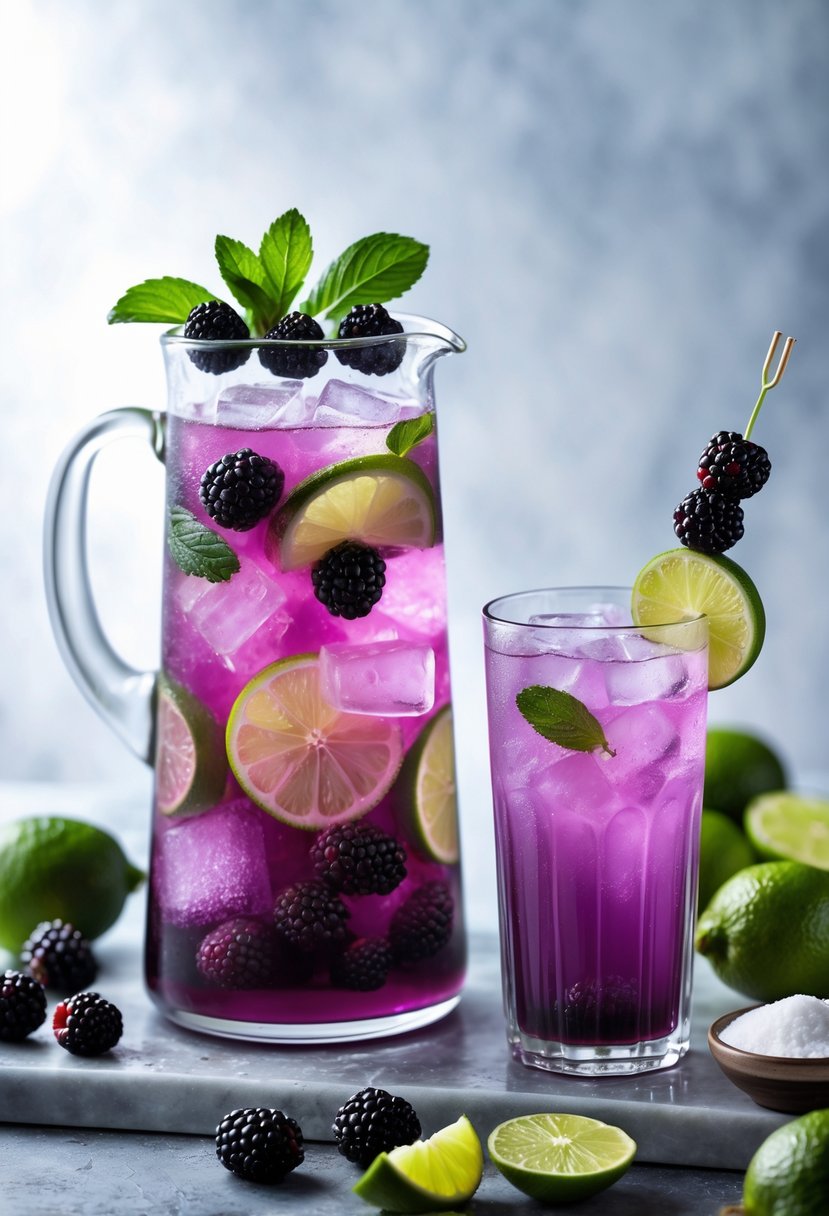 A glass pitcher and a glass of blackberry limeade with fresh blackberries, lime slices, and mint on a table surrounded by fresh ingredients.