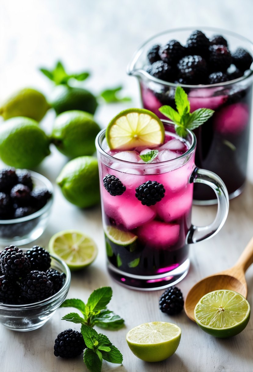 Fresh blackberries, limes, a glass pitcher of blackberry limeade with lime slices and mint, arranged on a wooden surface.