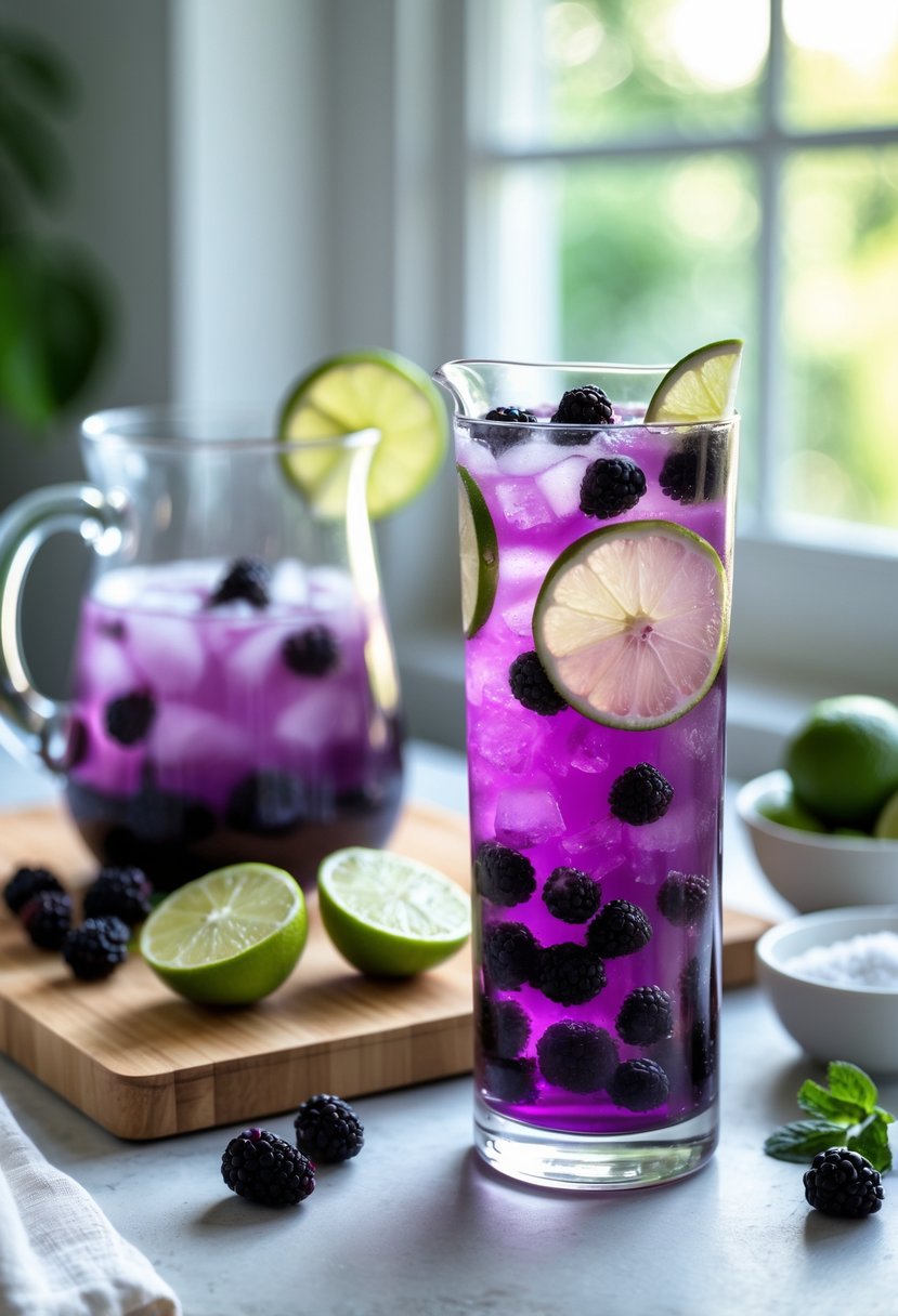 A glass pitcher and tall glass filled with blackberry limeade, surrounded by fresh blackberries, lime slices, and a wooden cutting board with ingredients on a kitchen countertop.