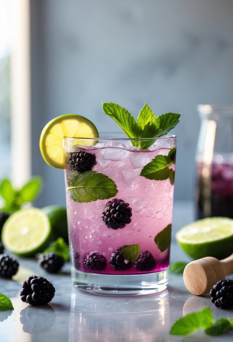 A glass of blackberry mojito garnished with blackberries, mint leaves, and lime on a kitchen counter surrounded by fresh ingredients.