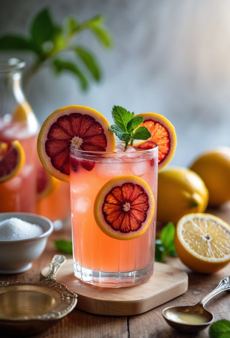A glass of blood orange lemonade garnished with a blood orange slice and mint, surrounded by blood oranges and lemons on a wooden table.
