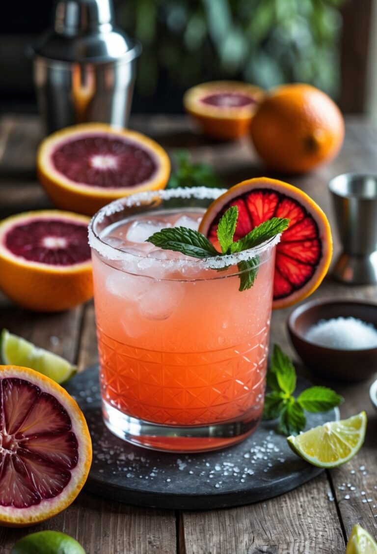 A blood orange margarita cocktail with a salted rim, garnished with a blood orange slice and mint, surrounded by fresh blood oranges and lime wedges on a wooden table.