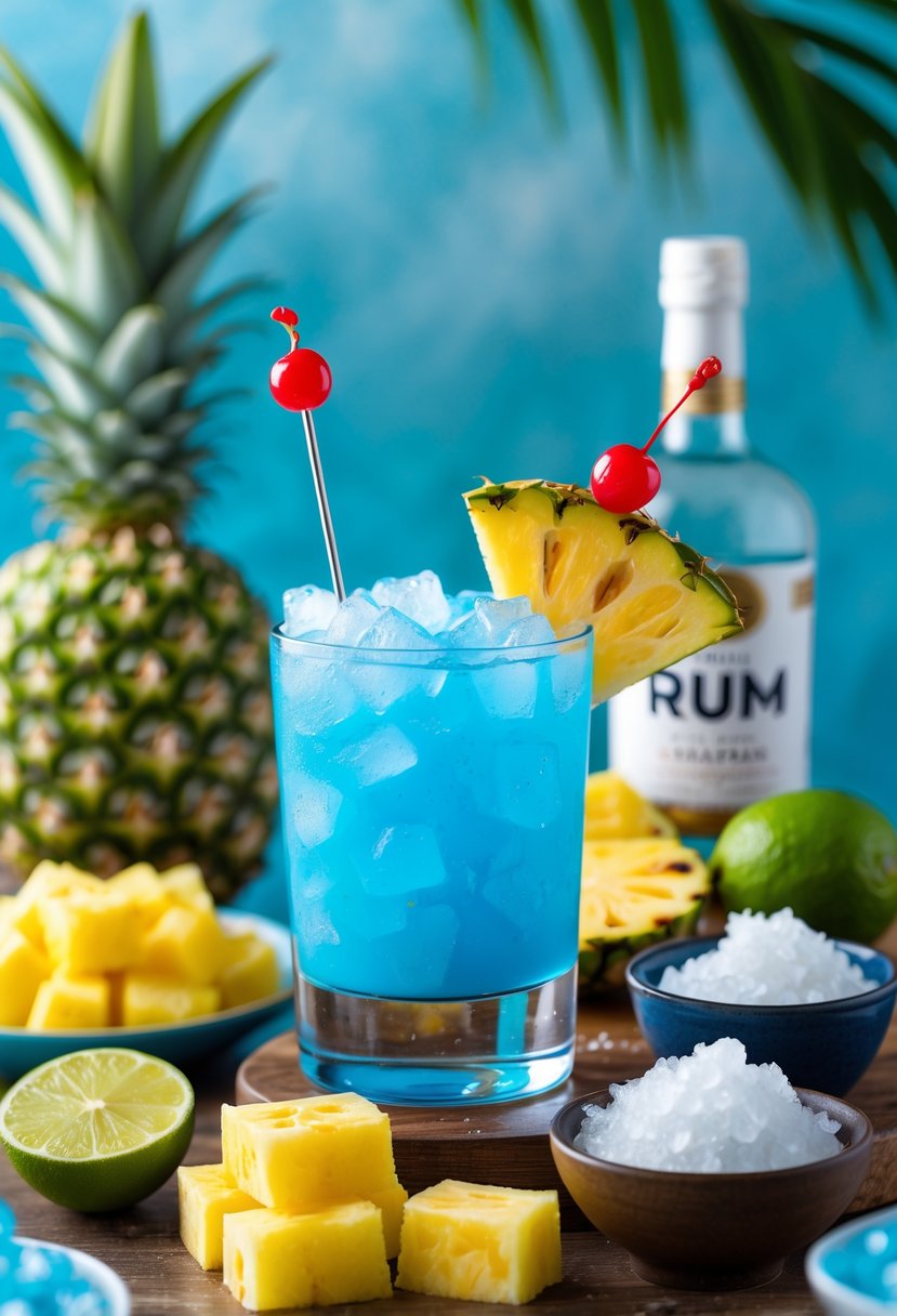 A Blue Hawaiian cocktail with pineapple slice and cherry garnish surrounded by pineapple chunks, lime halves, blue curaçao, rum, coconut cream, and crushed ice on a wooden surface.