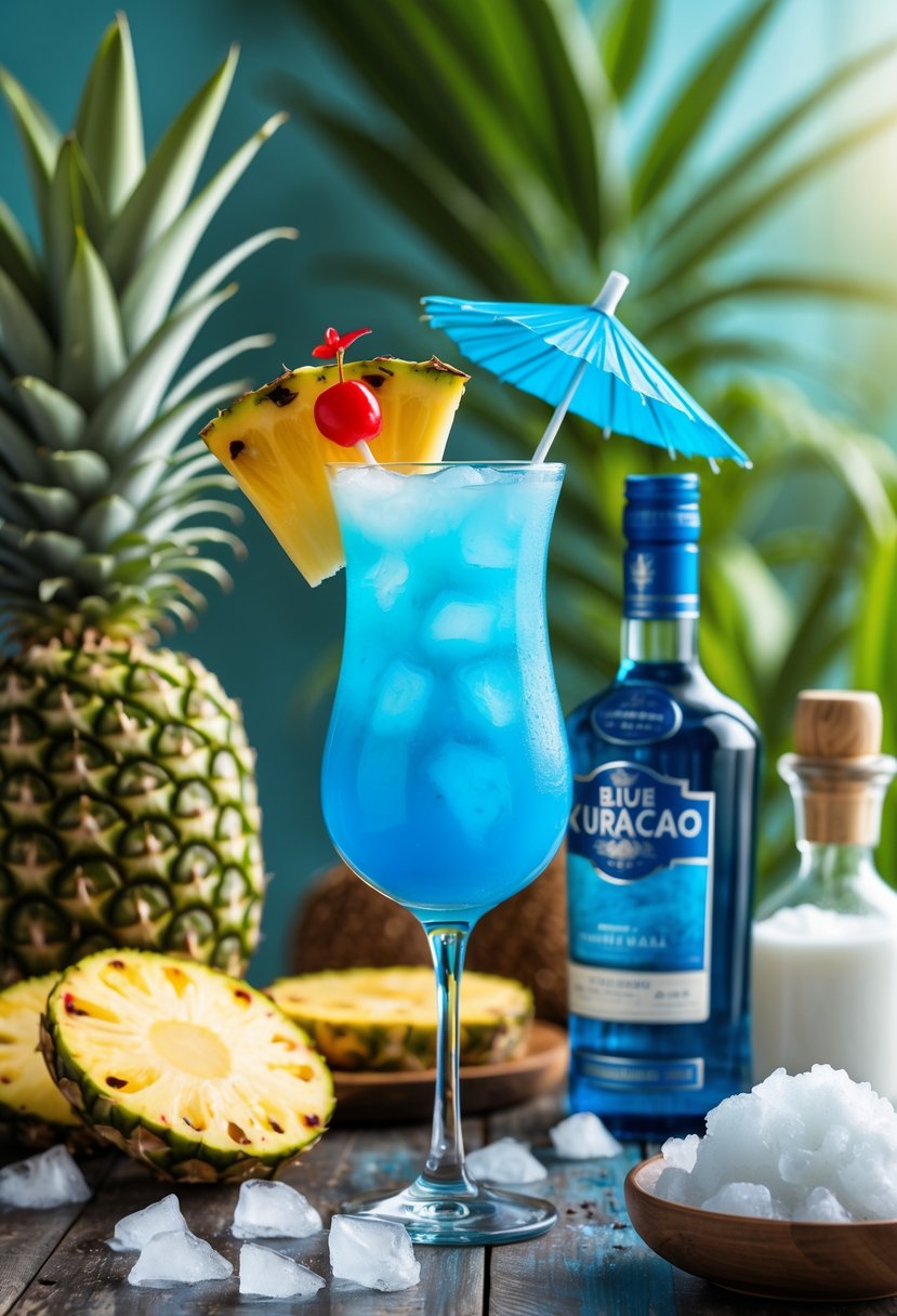 A Blue Hawaiian cocktail in a tall glass garnished with pineapple and cherry, surrounded by fresh ingredients on a wooden table.